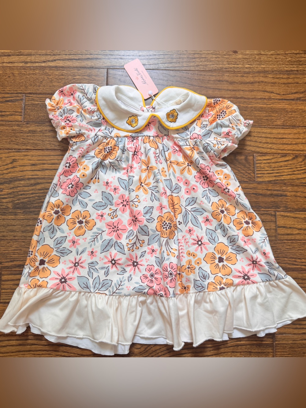 Floral Ruffle Hem Girls' Dress with Peter Pan Collar - Pink & Orange